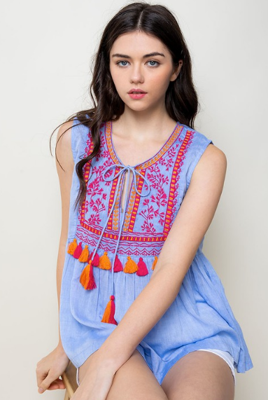 S/L Embroidered Blue/Red Tassel Top