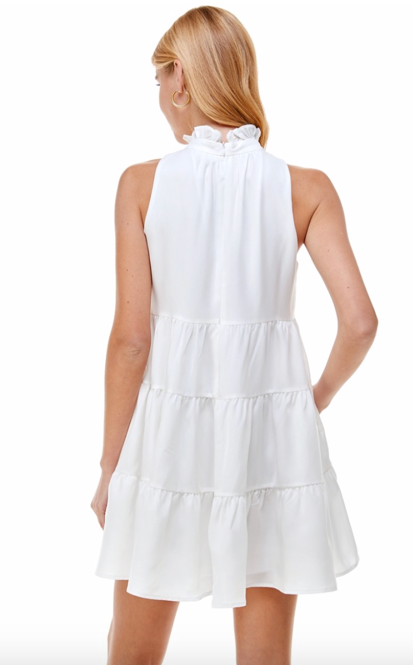 White Tiered Ruffle Neck Dress