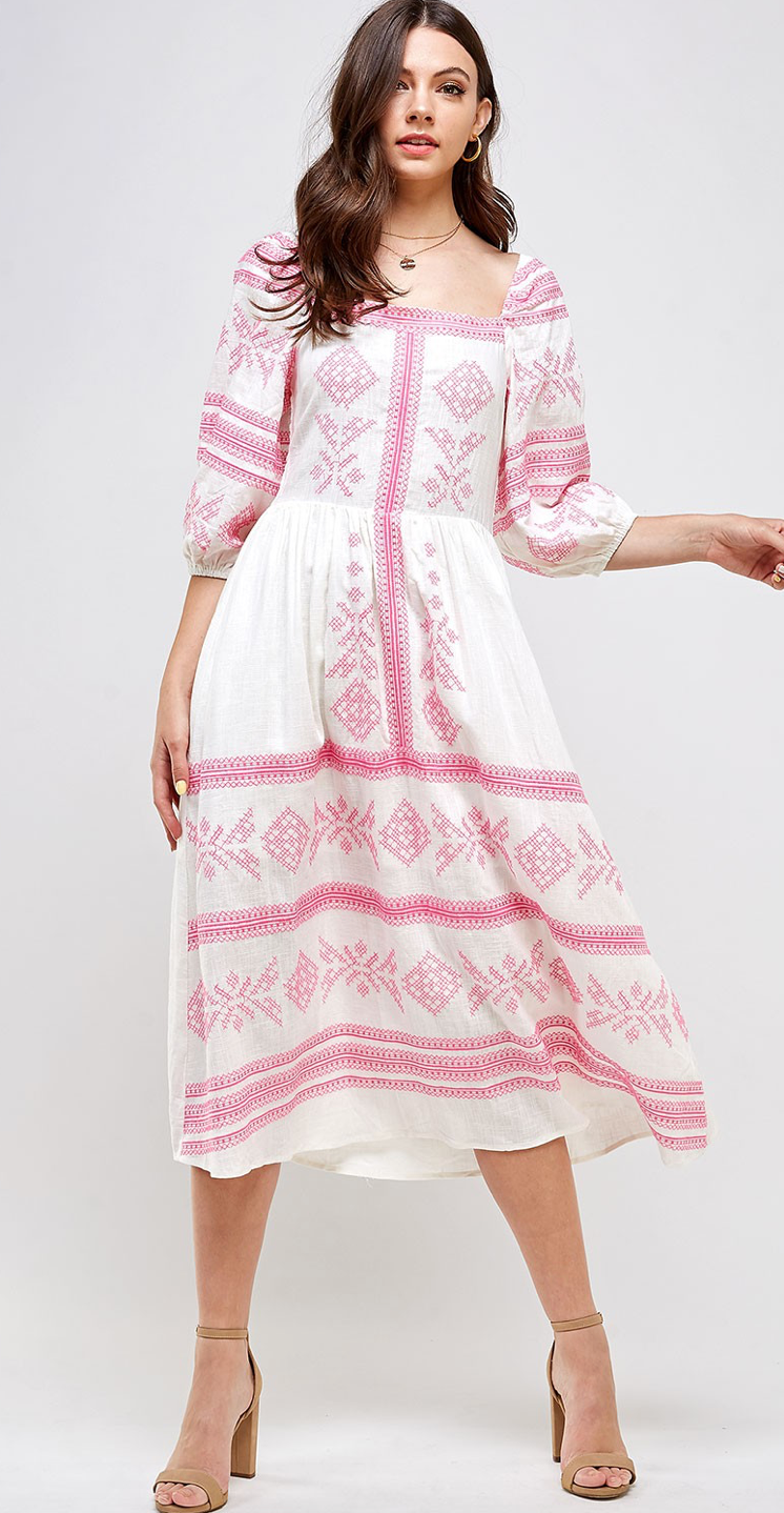 Ivory/Fuchsia Embroidered Dress