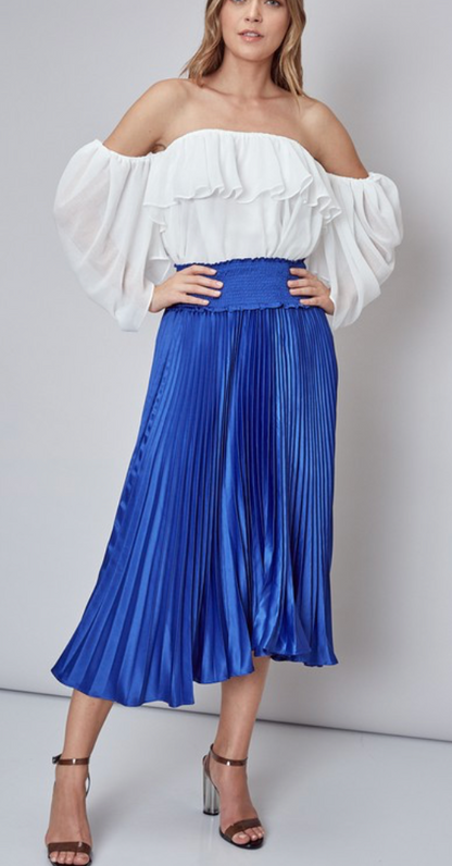 Pleated Smocked Waist Midi Skirt