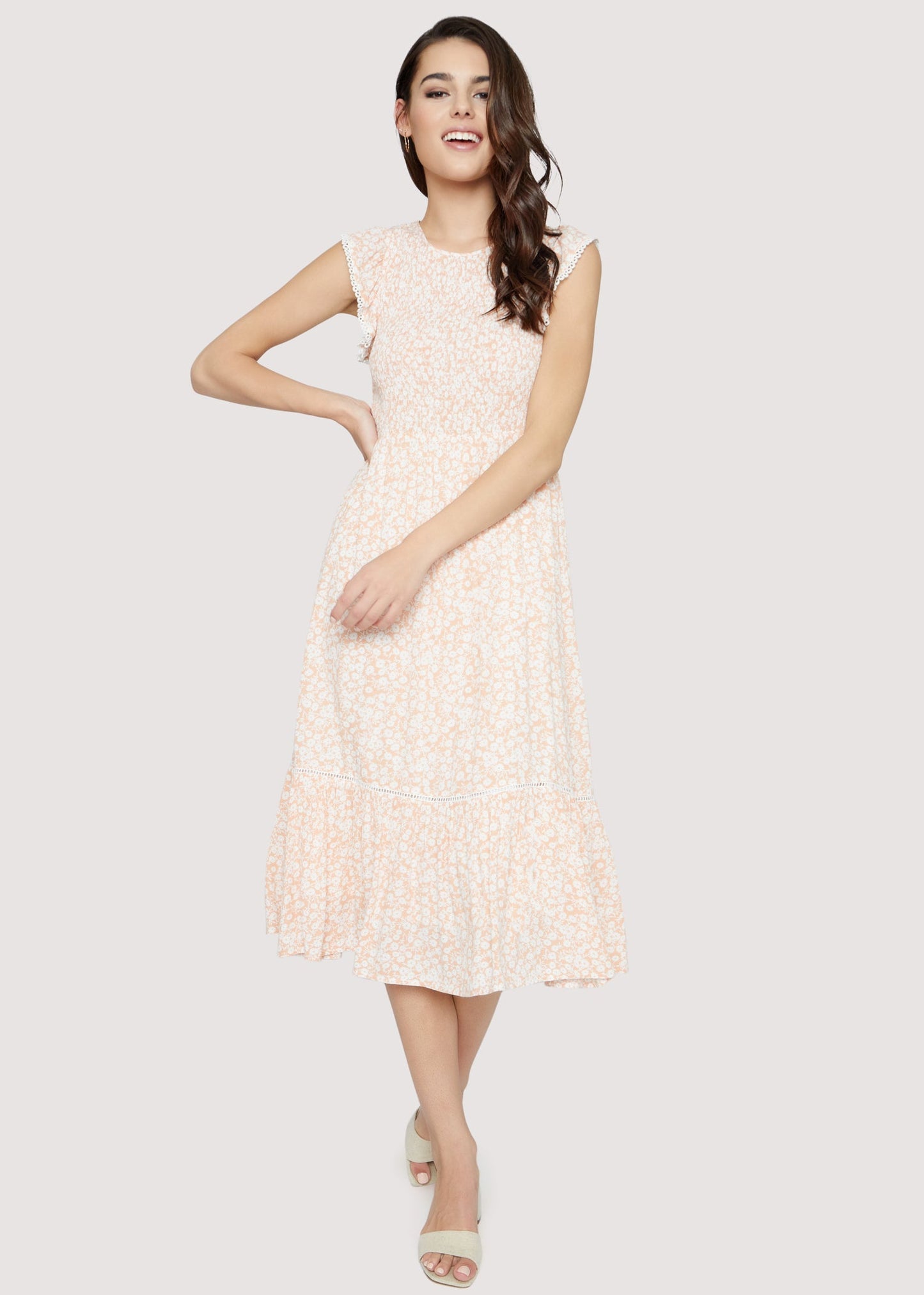 Peach/White Desert Floral Midi Dress