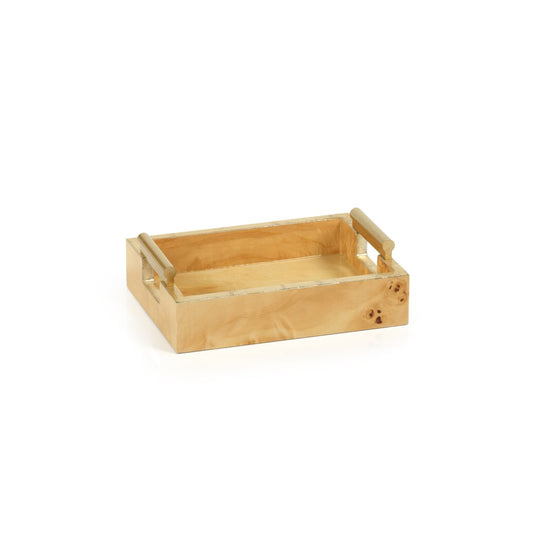 Burl Wood Rectangular All Purpose / Napkin Tray with Gold Handles