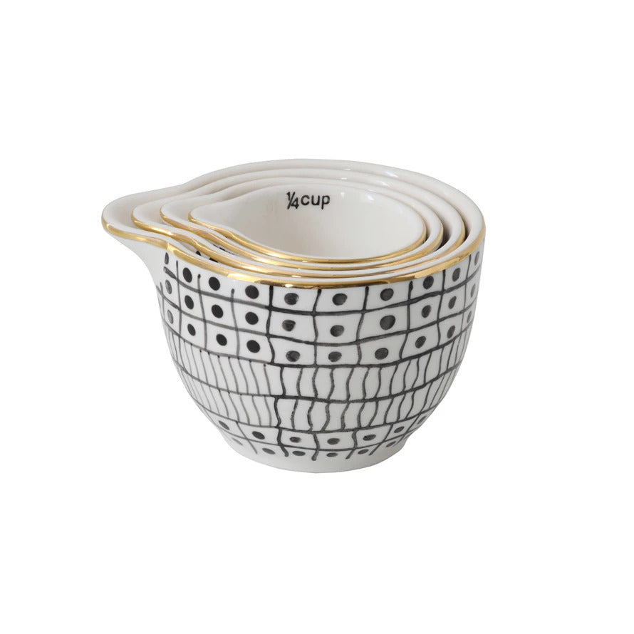 Black and White Gold Rim Stoneware Measuring Cups, S/4