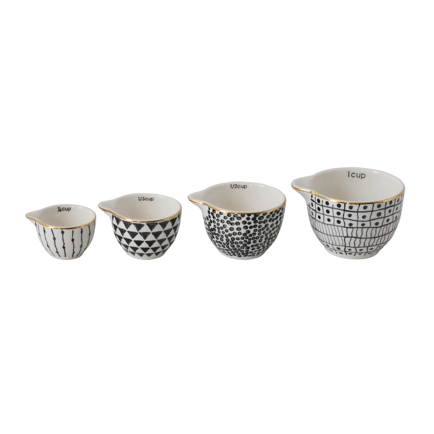 Black and White Gold Rim Stoneware Measuring Cups, S/4