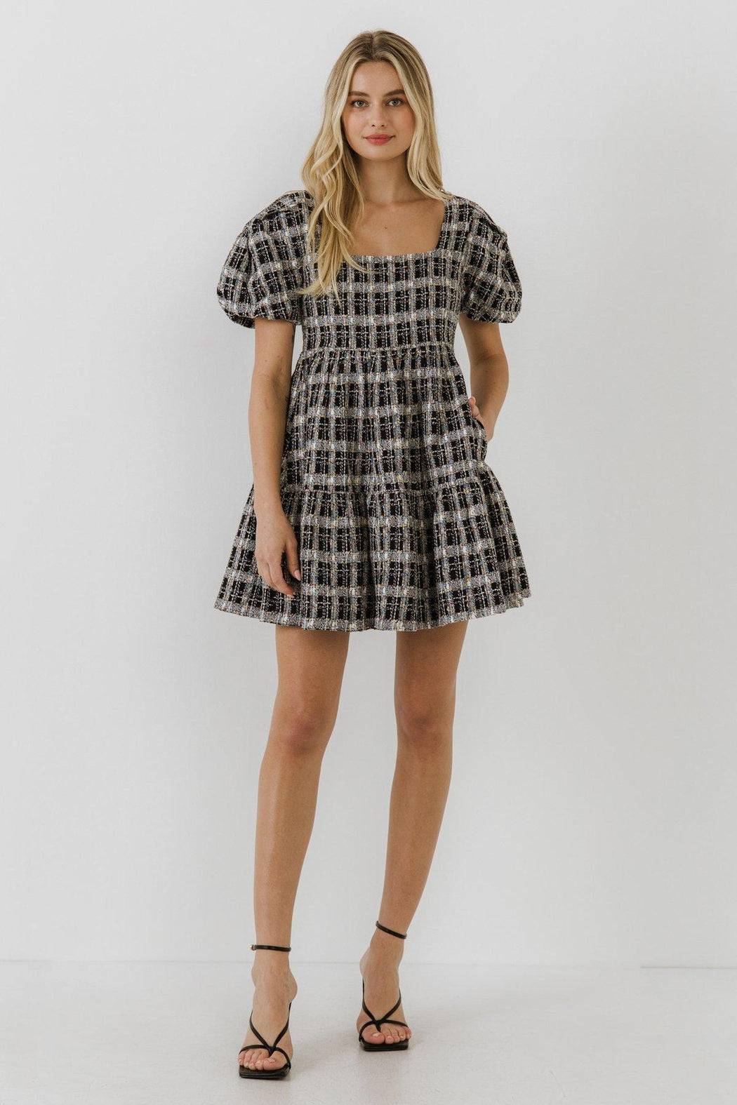 Black Tweed Puff Slv Mini Dress