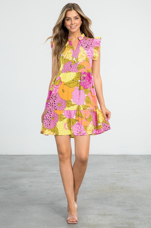 Pink/Yellow Floral Print Dress