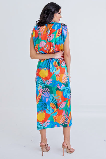 Tropical Satin Sleeveless Maxi Dress