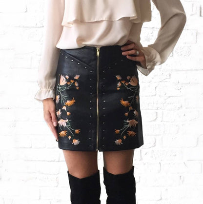 Floral Studded Faux Leather Skirt