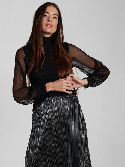 Black Smocked Mesh Top