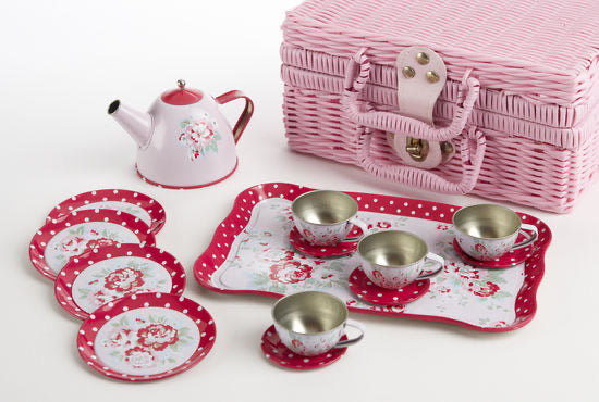 Basket w/ Rose Tin Tea Set