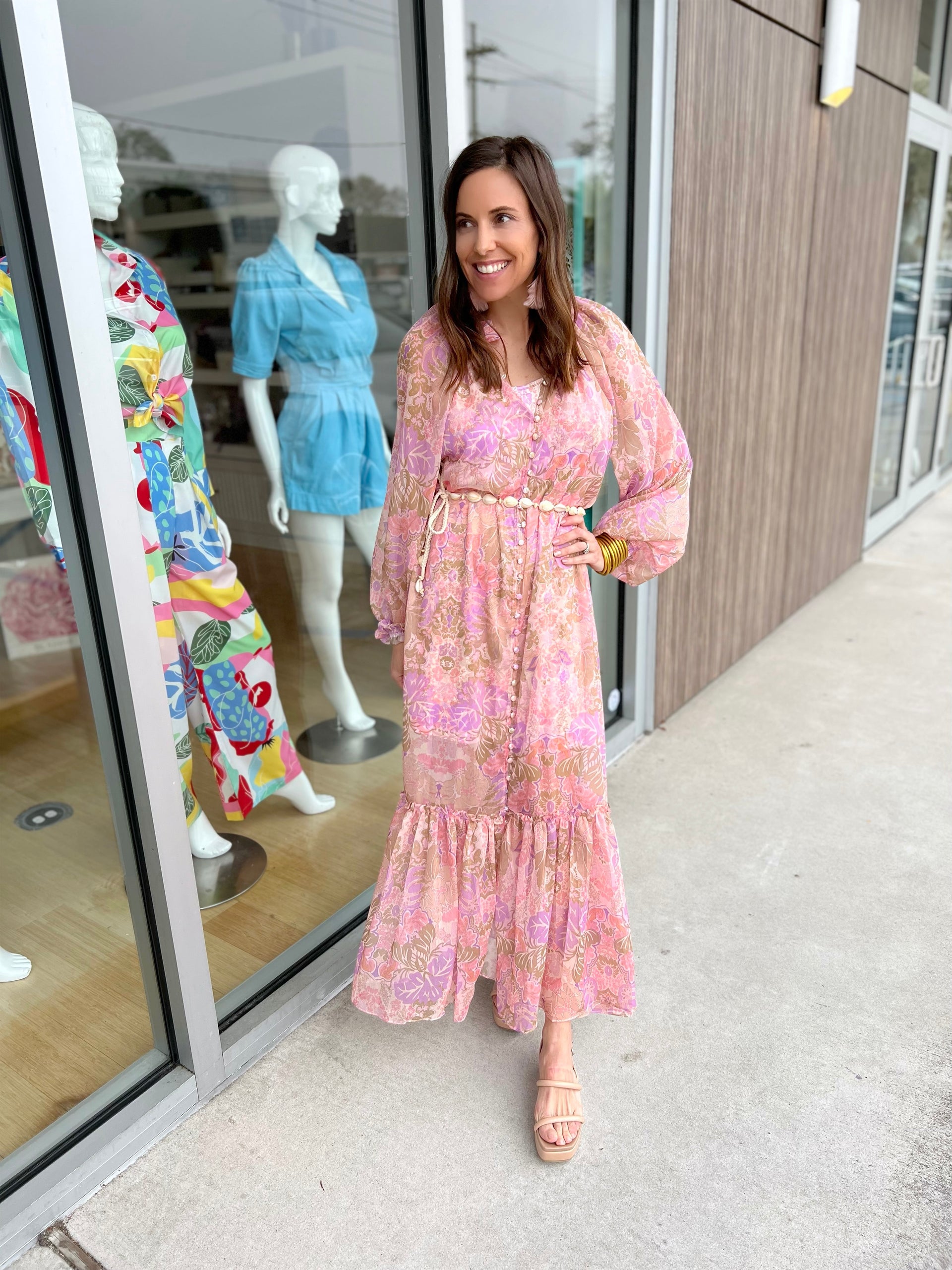 Lavender/Peach Pattern L/S Maxi Dress  Lucy Rose
