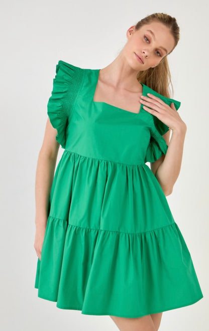 Green Ruffled Smocking Detail Dress