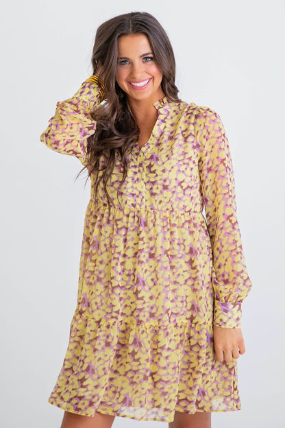 Purple/yellow leopard ruffle neck dress