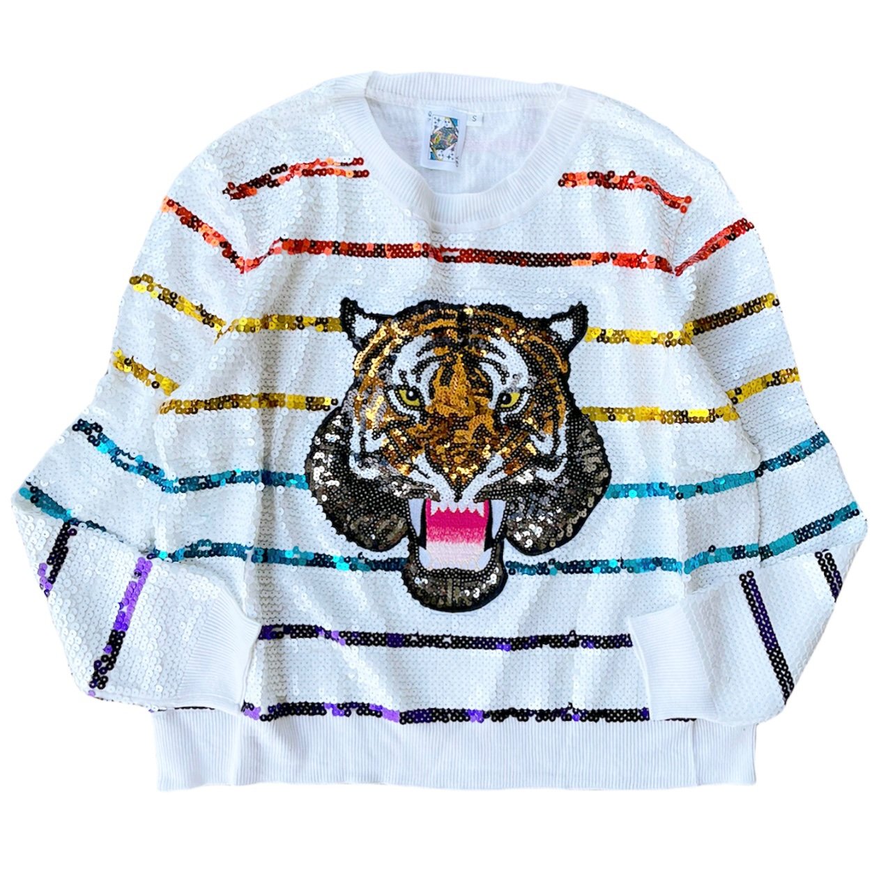 White/Rainbow Sequin Tiger Sweater