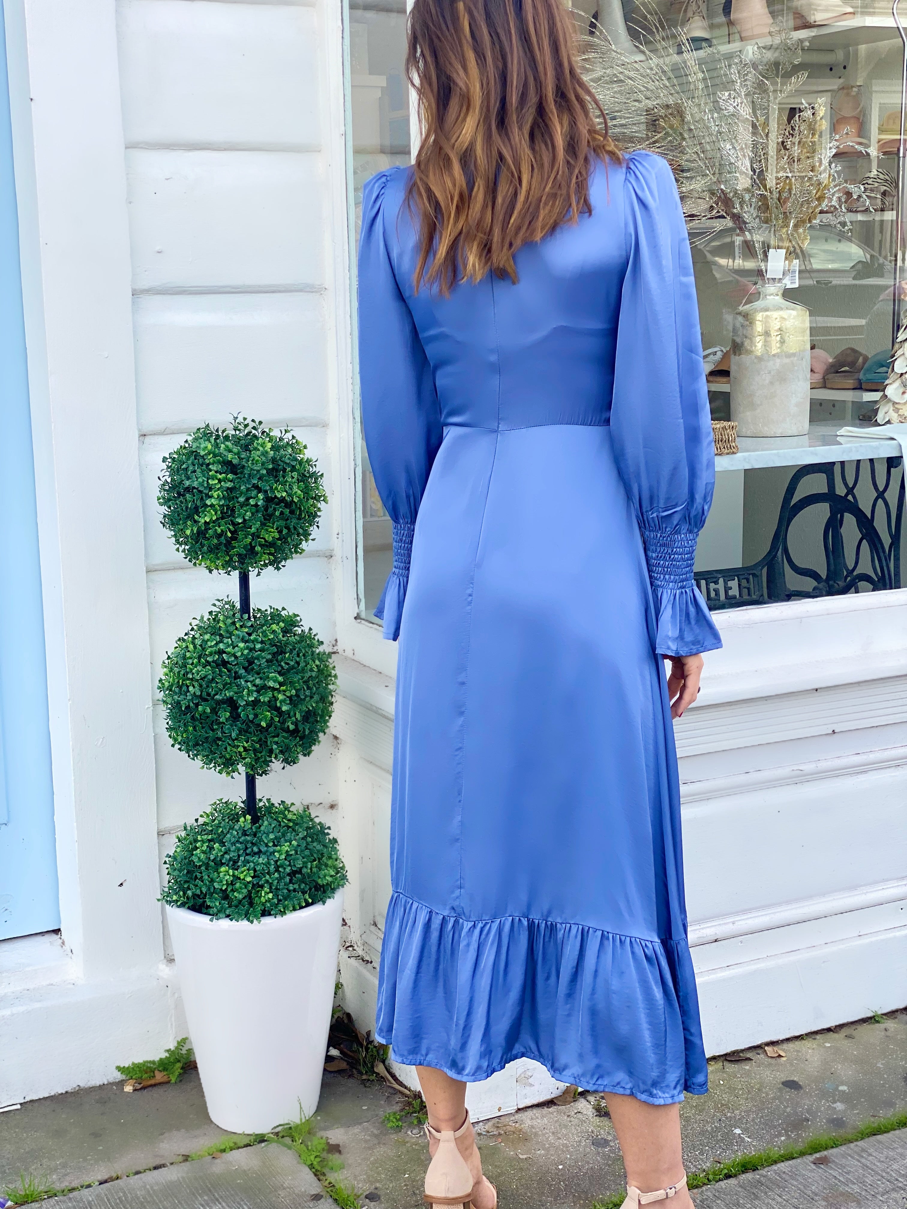 Dusty Blue Smock Neck Midi Dress - small Dusty Blue Smock Neck Midi Dress - small