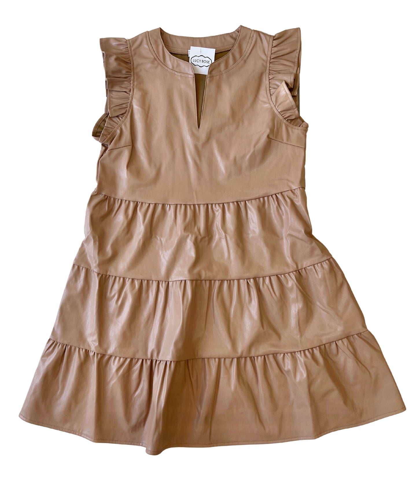 Beige Tiered Ruffle Slv Leather Dress
