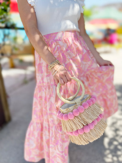 Pink Floral Poplin Tiered Maxi Skirt