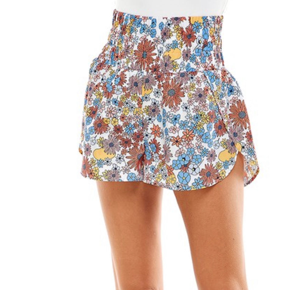 White Floral Print Athletic Shorts