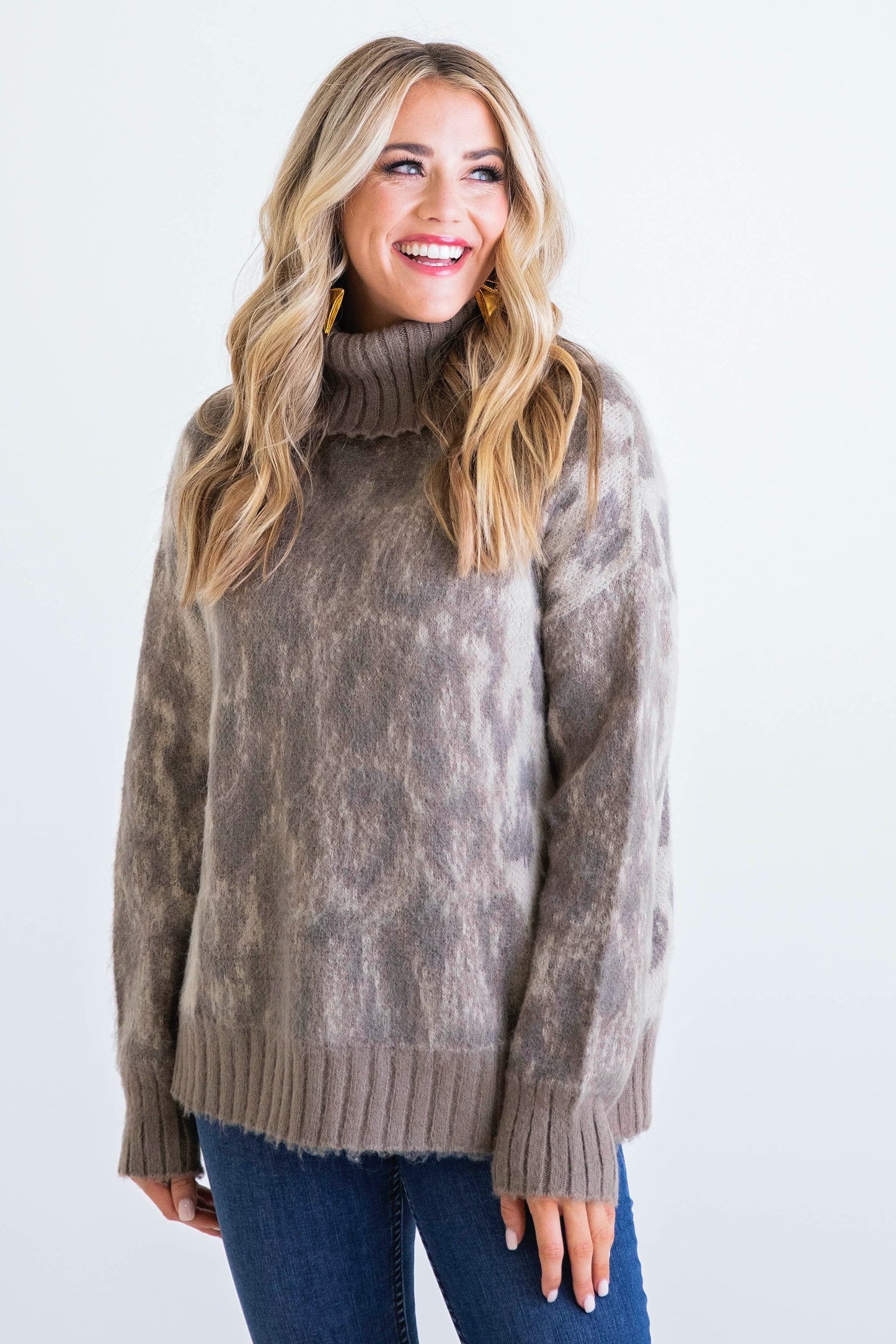 Taupe/Olive Leopard Turtleneck Sweater