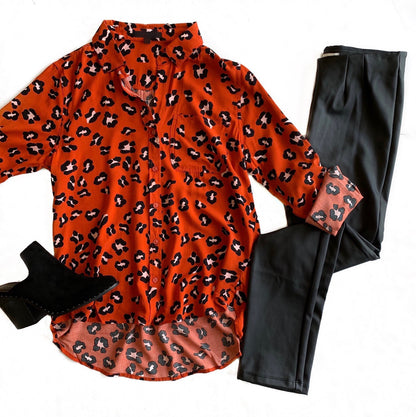 Orange Cheetah Botton Down Top