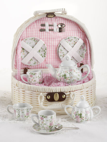 Basket w/ Pink Chintz Porcelain Tea Set