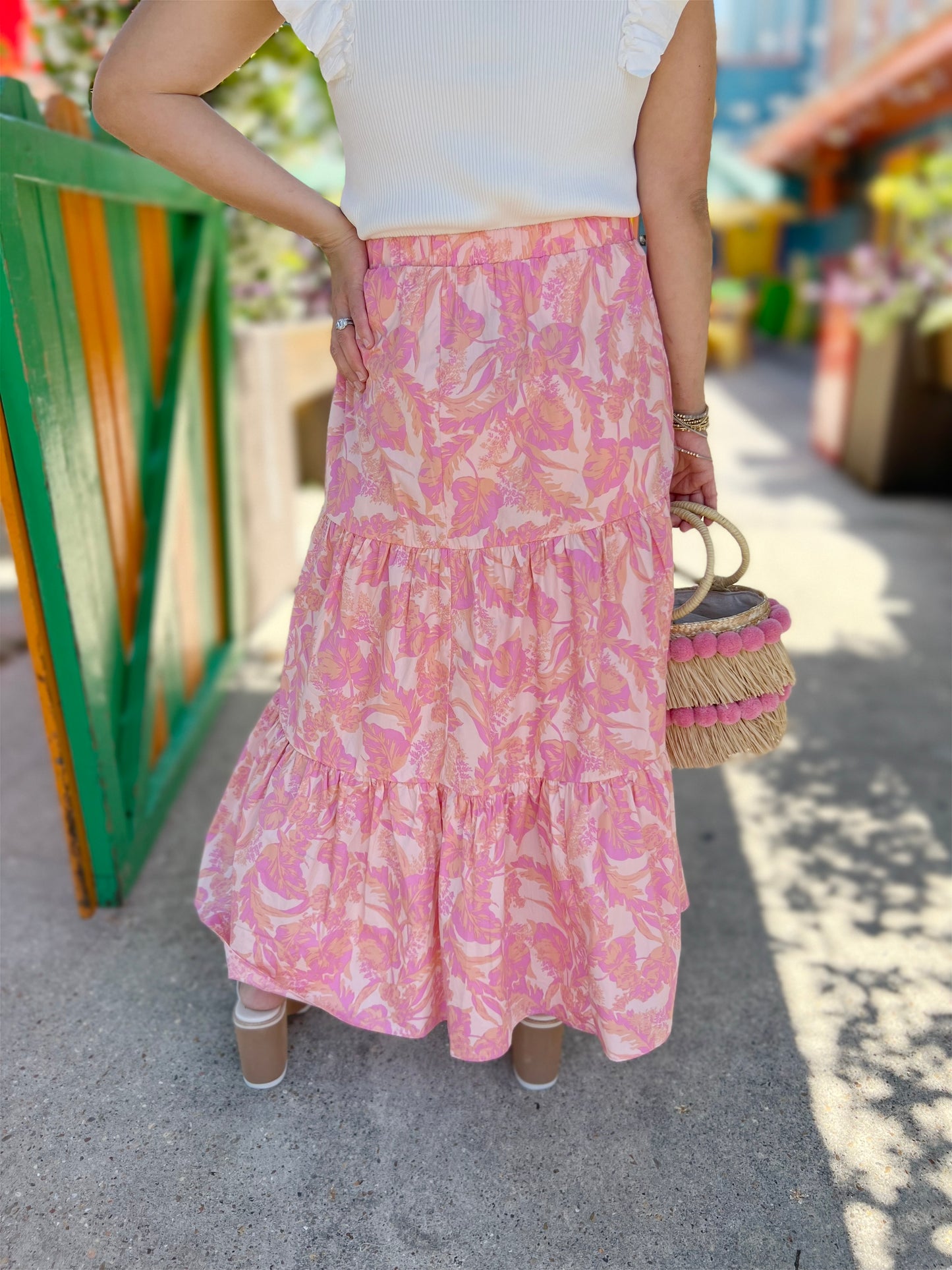 Pink Floral Poplin Tiered Maxi Skirt