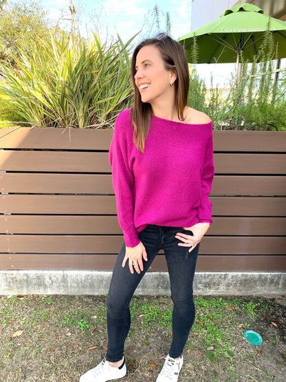 Orchid Off Shoulder Ribbed Sweater