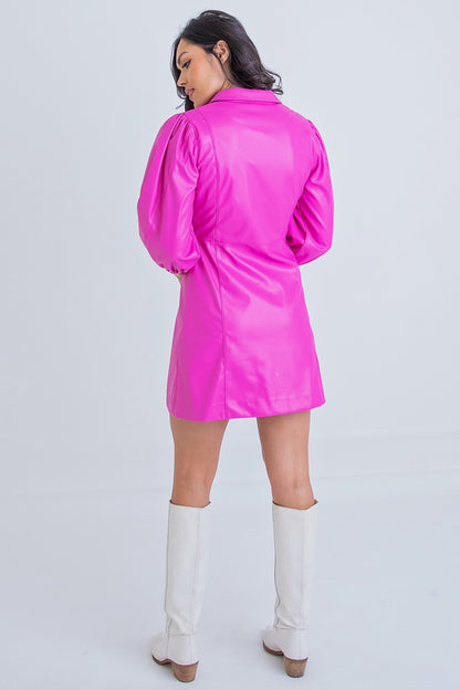 Magenta Pleather Button Shirt Dress