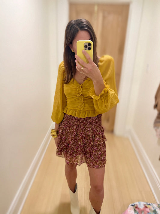 Yellow Gridded Ruched Chiffon Top