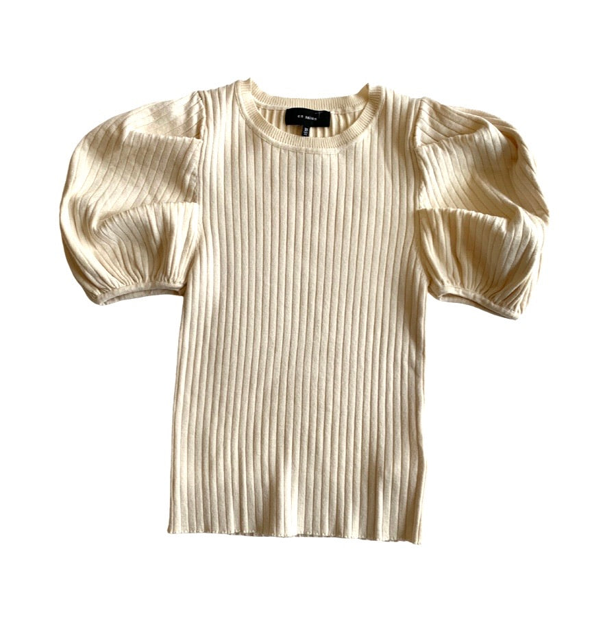 Ivory Ribbed Puff Slv Top