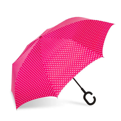 Hot Pink Dot/Stripe Reverse Closing Umbrella