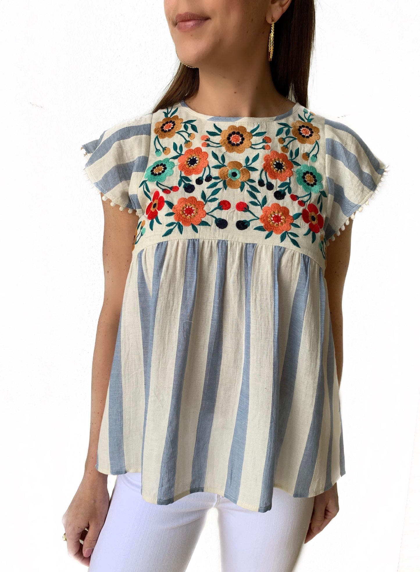 Stripe Embroidered Babydoll Top