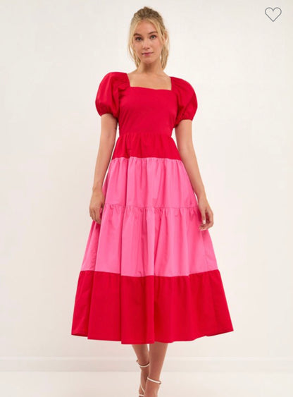 Red/Pink Colorblock Puff Slv Maxi Dress