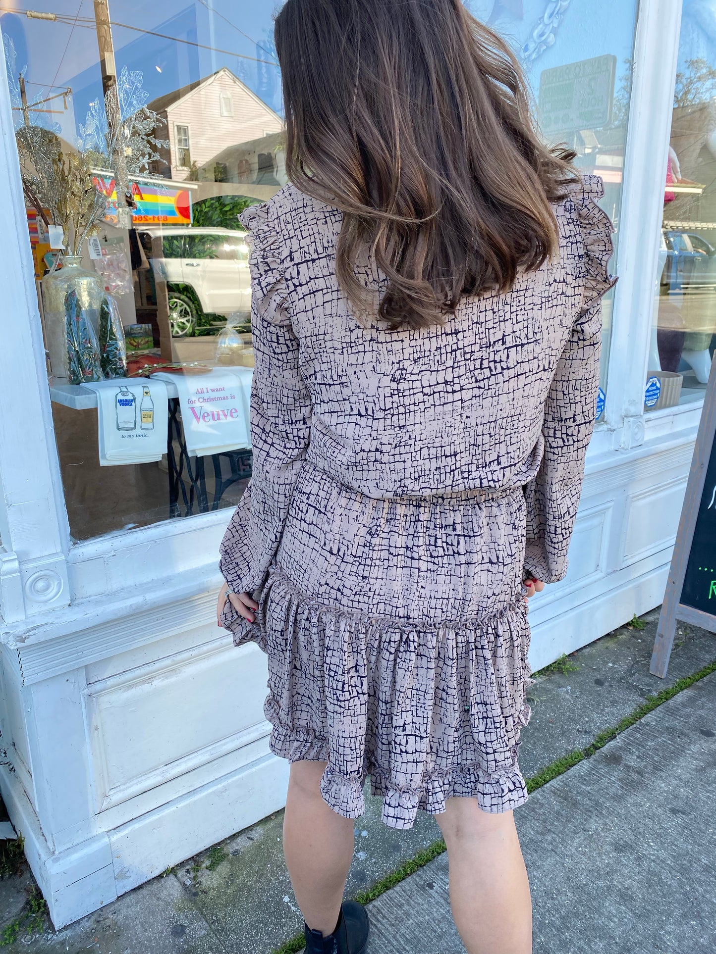 Taupe/Grey L/S Tiered Ruffle Skirt Dress