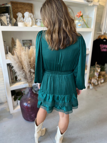 Green Split Neck Mini Dress
