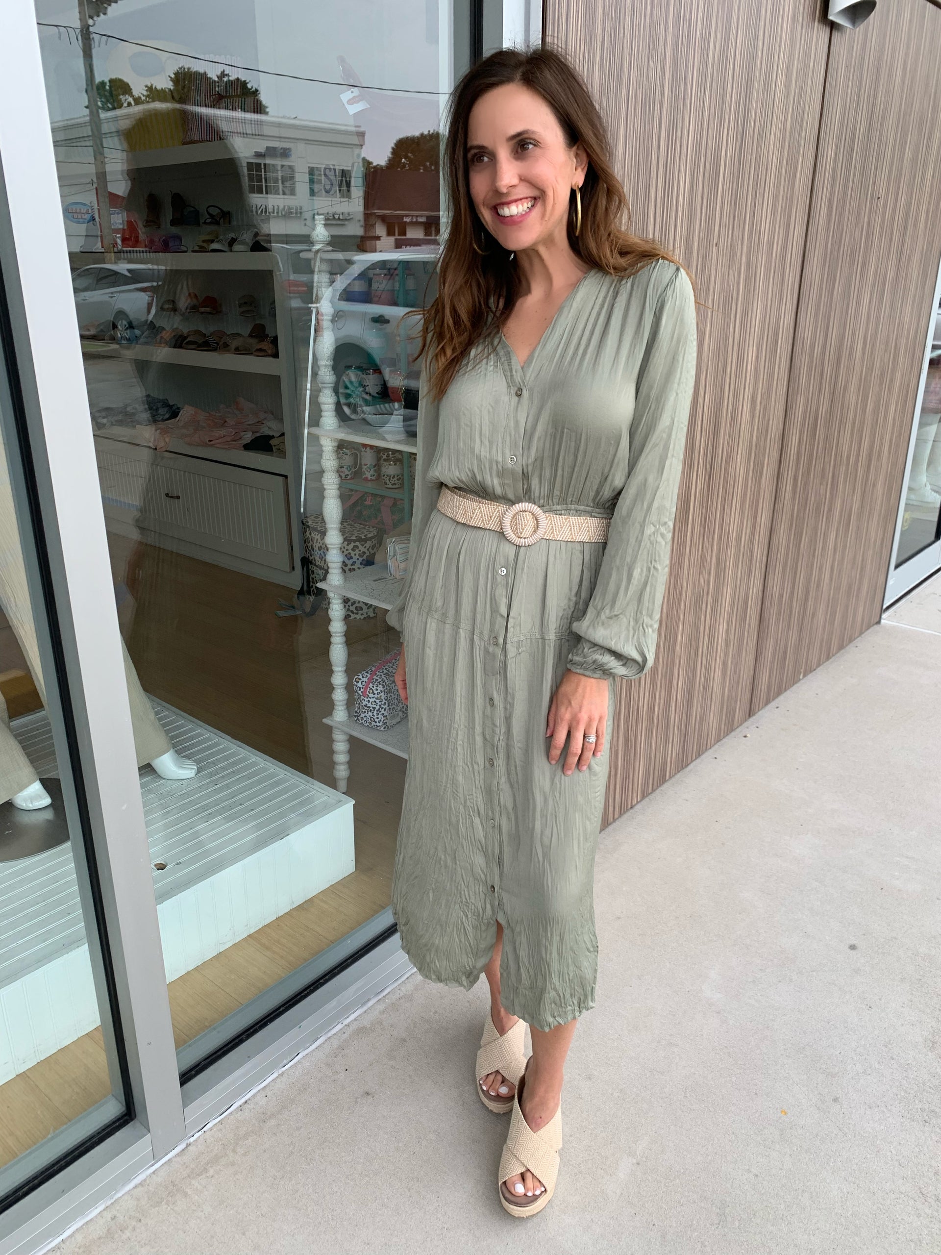 Sage Green Button Down Belted Midi Dress - xsmall Sage Green Button Down Belted Midi Dress - xsmall