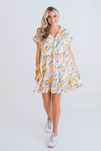 Pink Abstract Vneck Button Dress