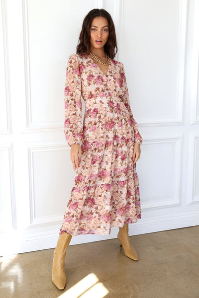 Rose/Brown Floral Vneck Textured Midi Dress – Lucy Rose