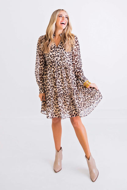 Leopard Chiffon Vneck Ruffle Tier Dress