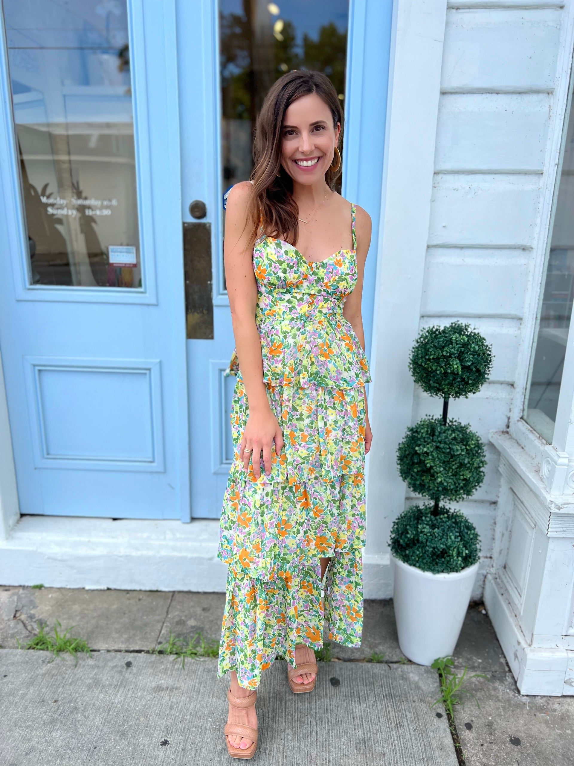 Green/Orange Floral Tiered Slit Midsummer Dress - xsmall Green/Orange Floral Tiered Slit Midsummer Dress - xsmall