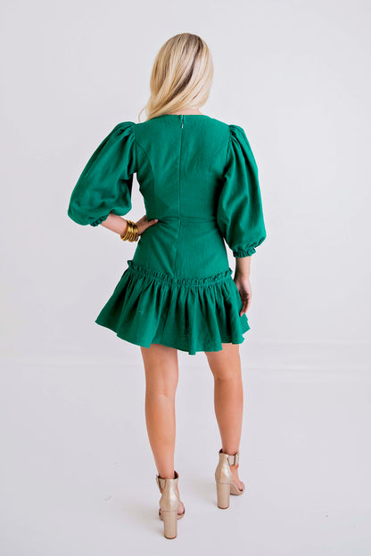 Green Wrap Puff Slv Dress