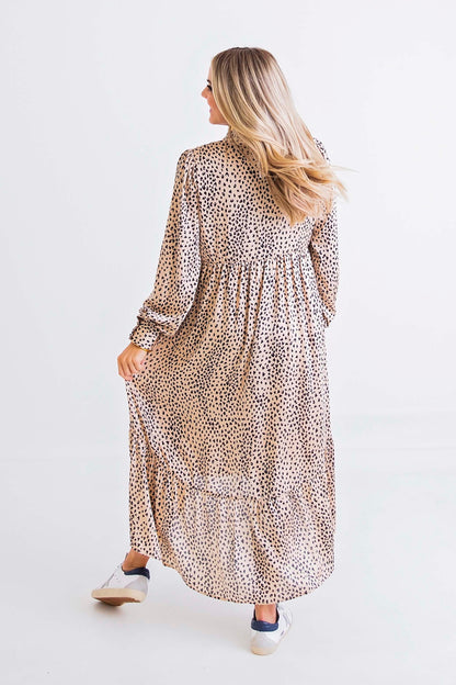 Tan Leopard Satin Tier Hi/Lo Dress