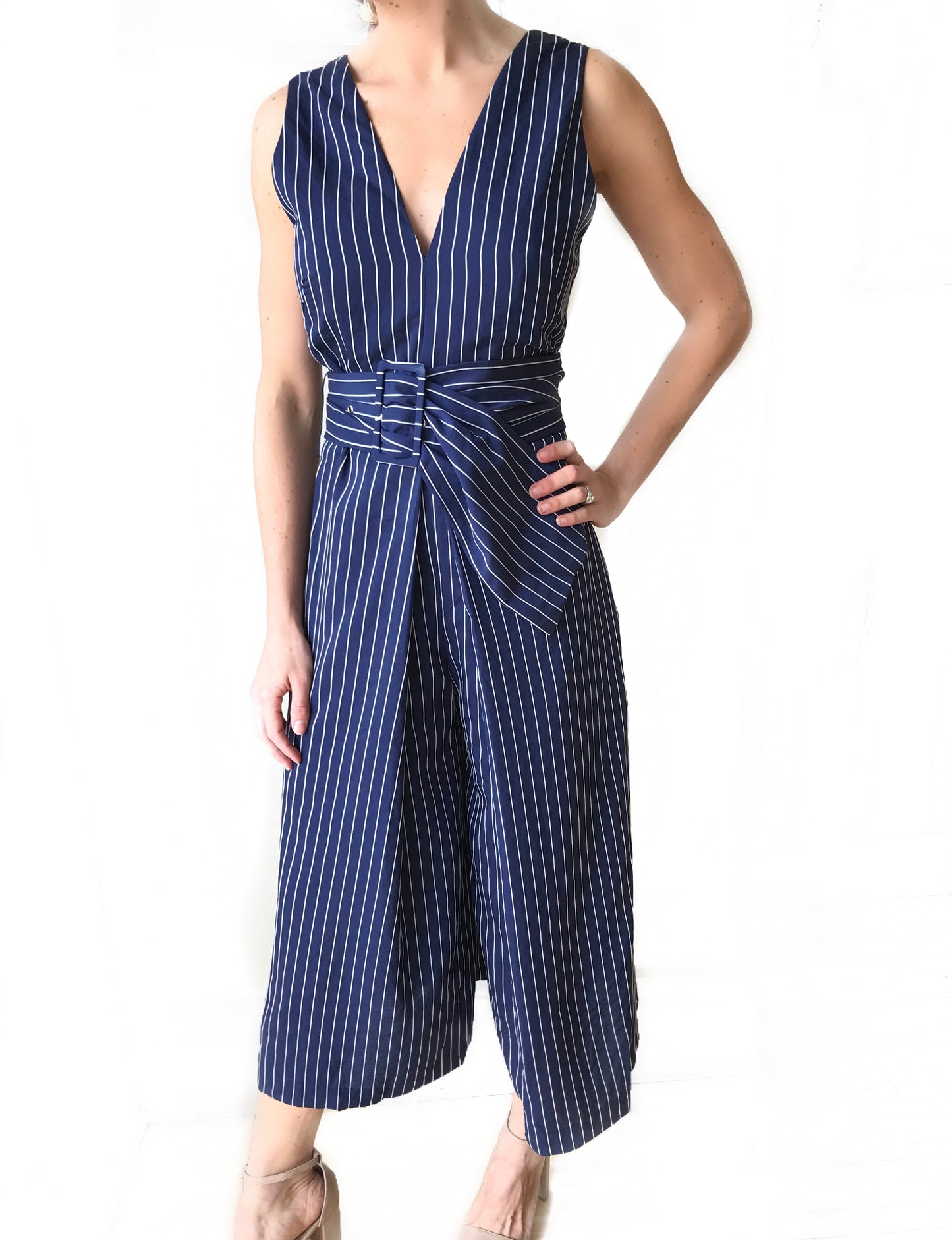Pinstripe Belted Jumpsuit