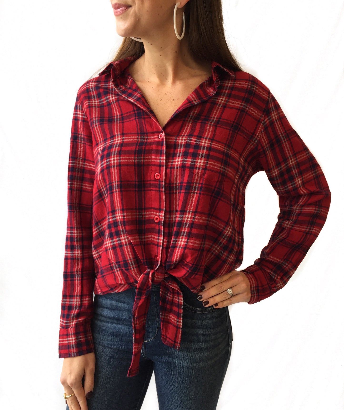 Red Plaid Button Down Tie Top