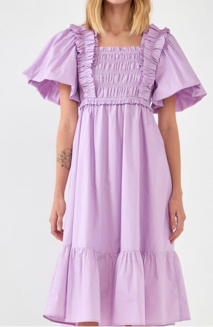 Lilac Ruffled Smocked Midi Dress