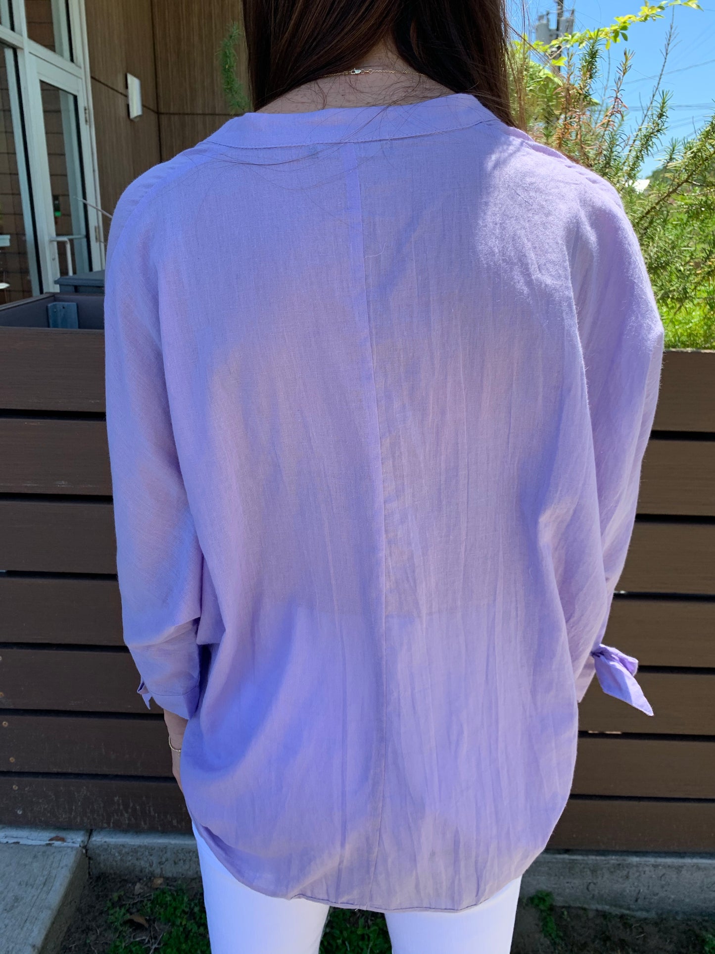 Lavender Button Hi-Lo Blouse Tie Sleeve Top