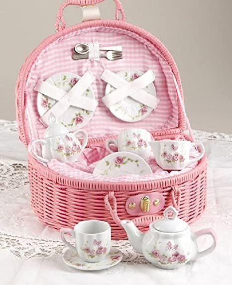 Basket w/ Pink Rose Porcelain Tea Set
