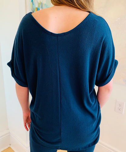 Navy Crepe Hacci Rolled Slv Top