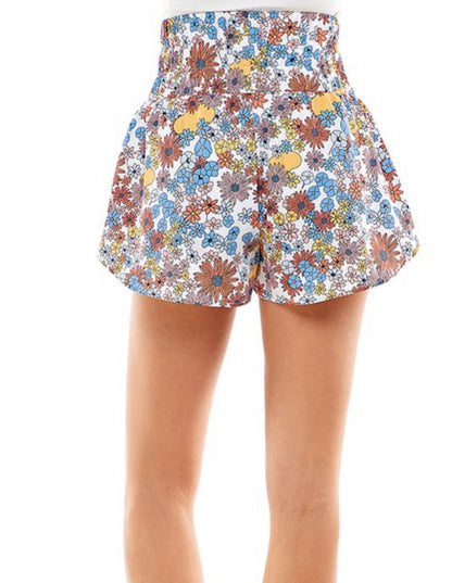 White Floral Print Athletic Shorts