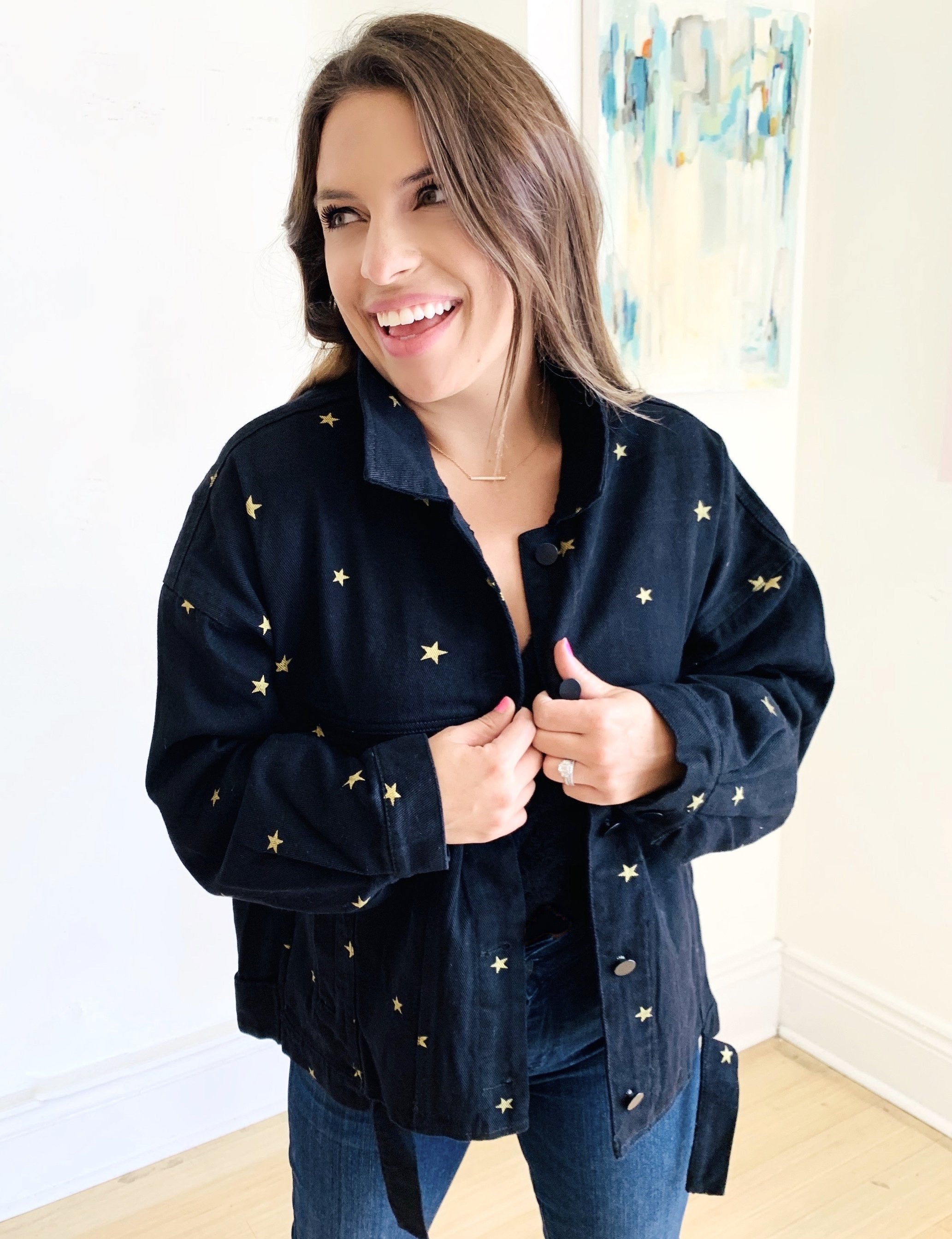 Bozanly Womens Fashion Star Print Frayed Hem Distressed Peplum Denim Jacket  Coat Tops(0204-Black-S) at Amazon Women's Coats Shop